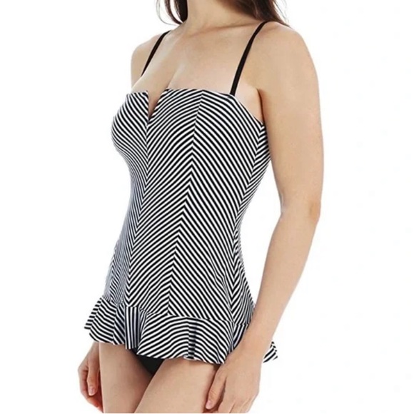 SPANX Swim Spanx One Piece Bathing Suit Black White Stripes Ruffle
